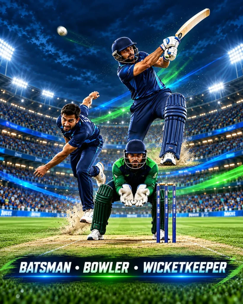Cricket scene with a bowler, batsman and wicketkeeper